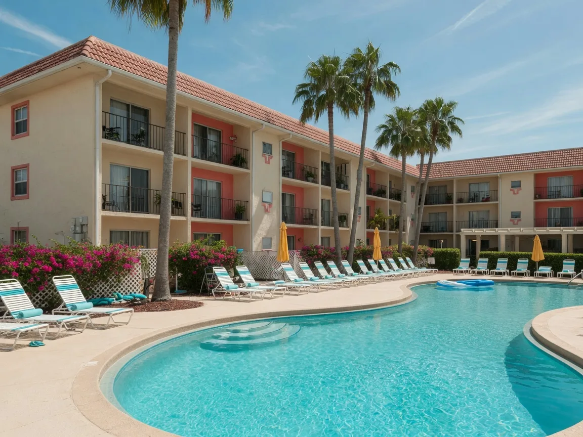 Resort-style condominium community in Naples, Florida with a sparkling pool, palm trees, and a low-rise balconied building