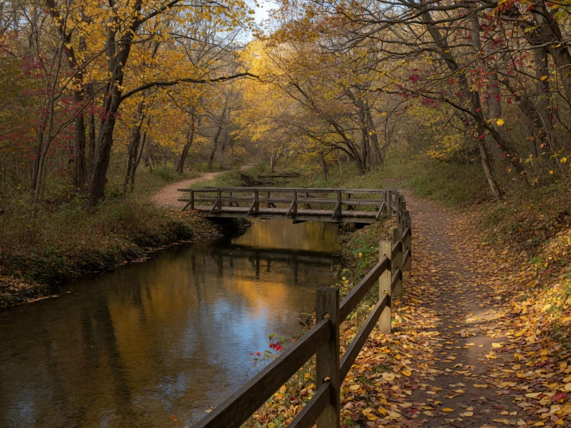 Autumn scene along a Wissahickon Creek side trail near Blue Bell with a wooden footbridge, golden leaves, and dappled sunlight