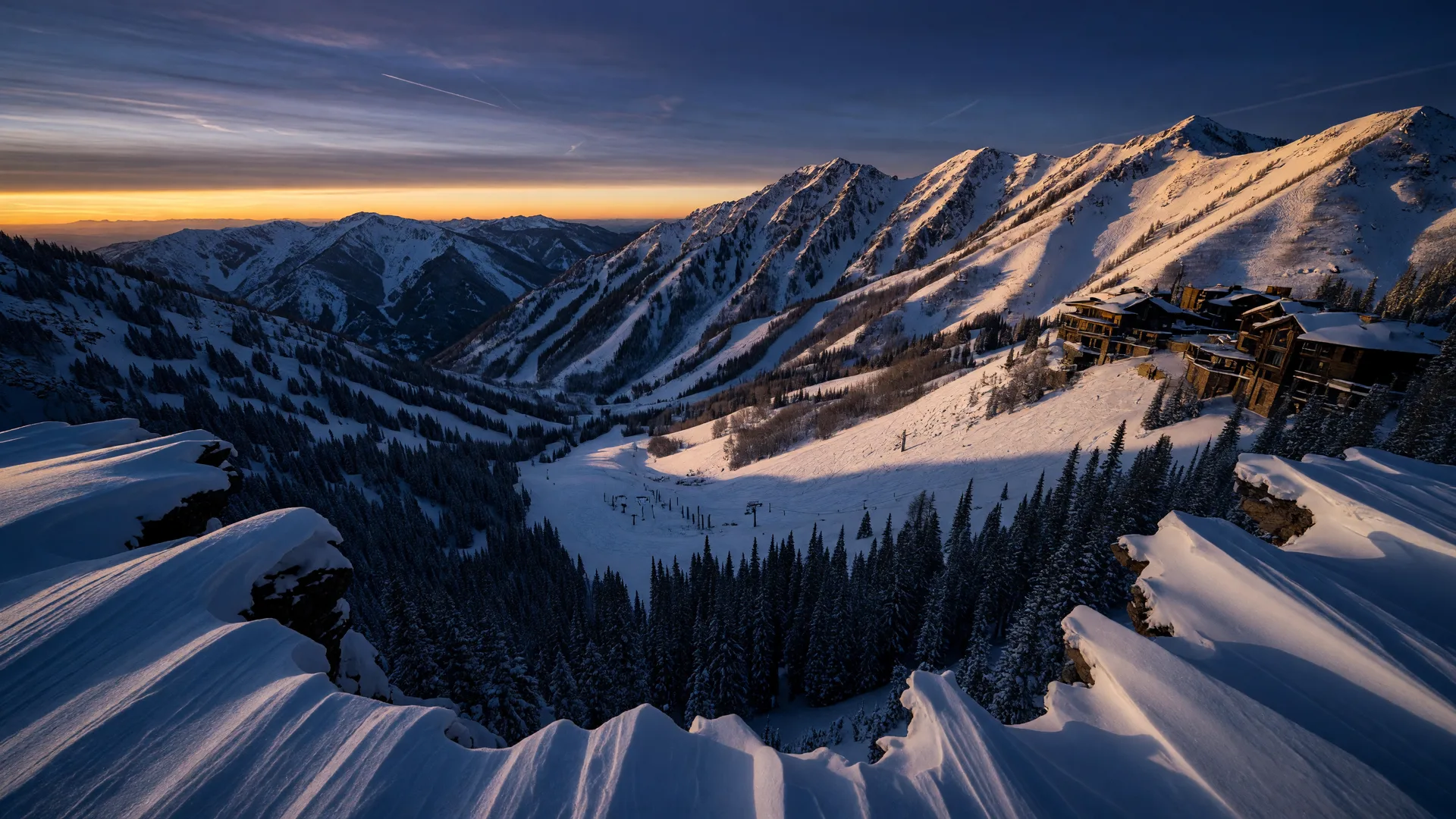 The Wasatch Mountains above Park City, Utah in deep winter at dawn