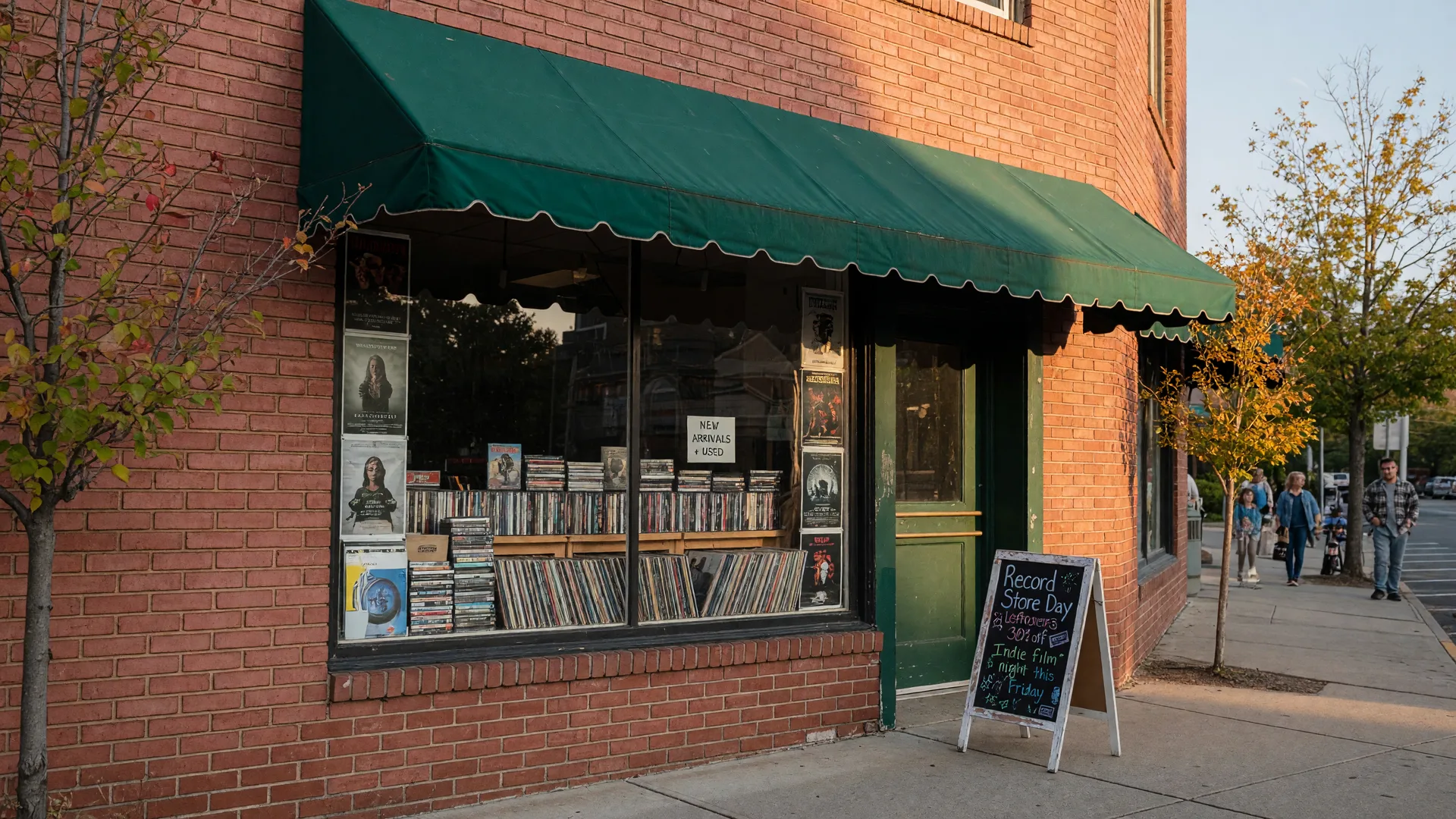 Independent music store storefront on the main street of Falls Church, Virginia, a brick building with a green awning, a record-filled display window, and early autumn trees in warm September light