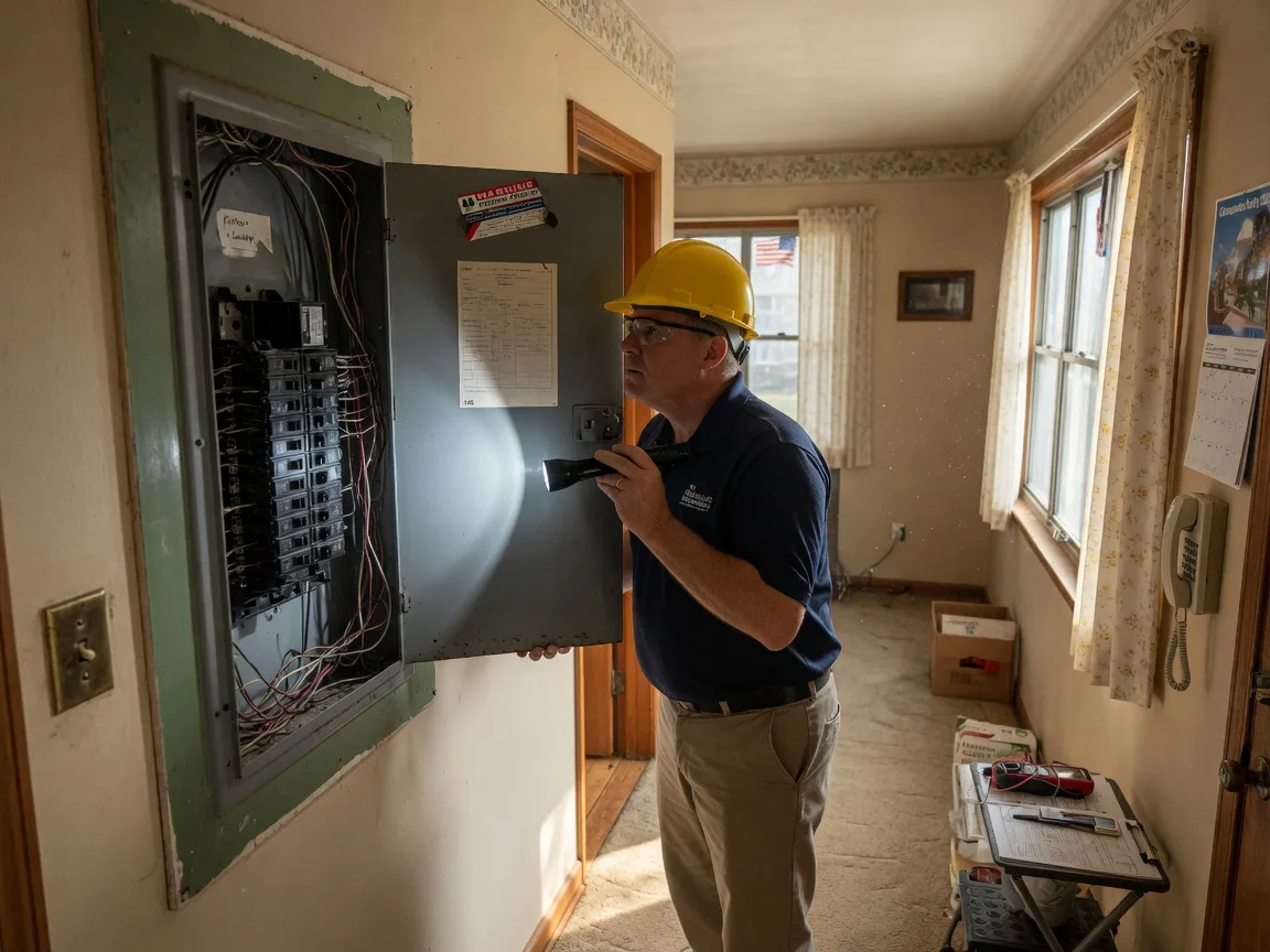 A home inspector examining an electrical panel with a flashlight in an older Maryland home during a probate inspection