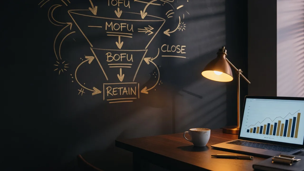 A dark team war-room at dawn with a gold-marked conversion funnel on a black wall and a glowing metrics dashboard, representing the real estate systems and conversion ladders that increase real estate production