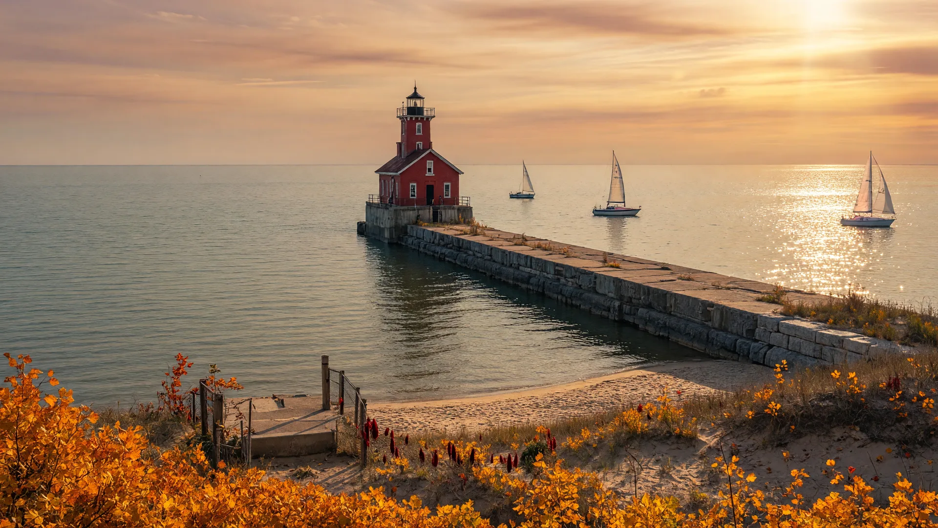 A scenic photograph of the Lake Michigan shoreline at Michigan City, Indiana with the historic brick lighthouse on the pier, sailboats on the water, and autumn-colored dunes in golden light