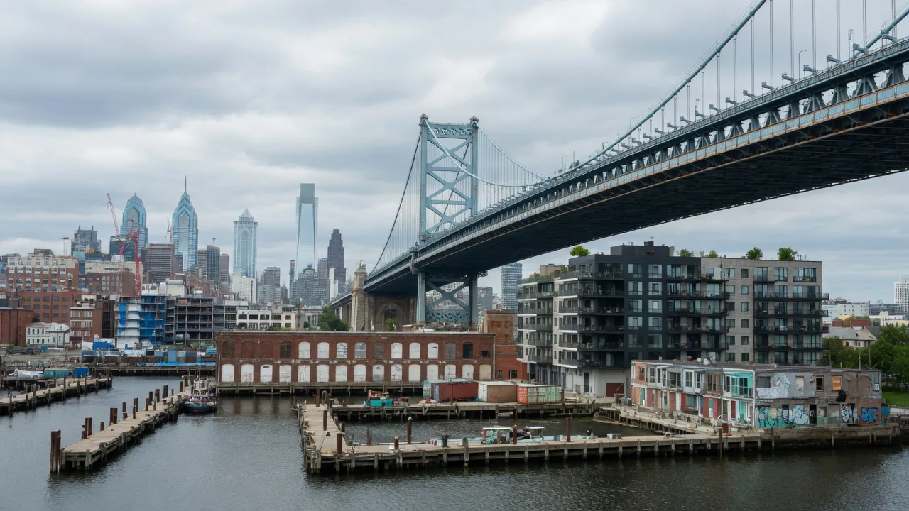 Camden waterfront and Benjamin Franklin Bridge viewed across the Delaware River on an overcast day