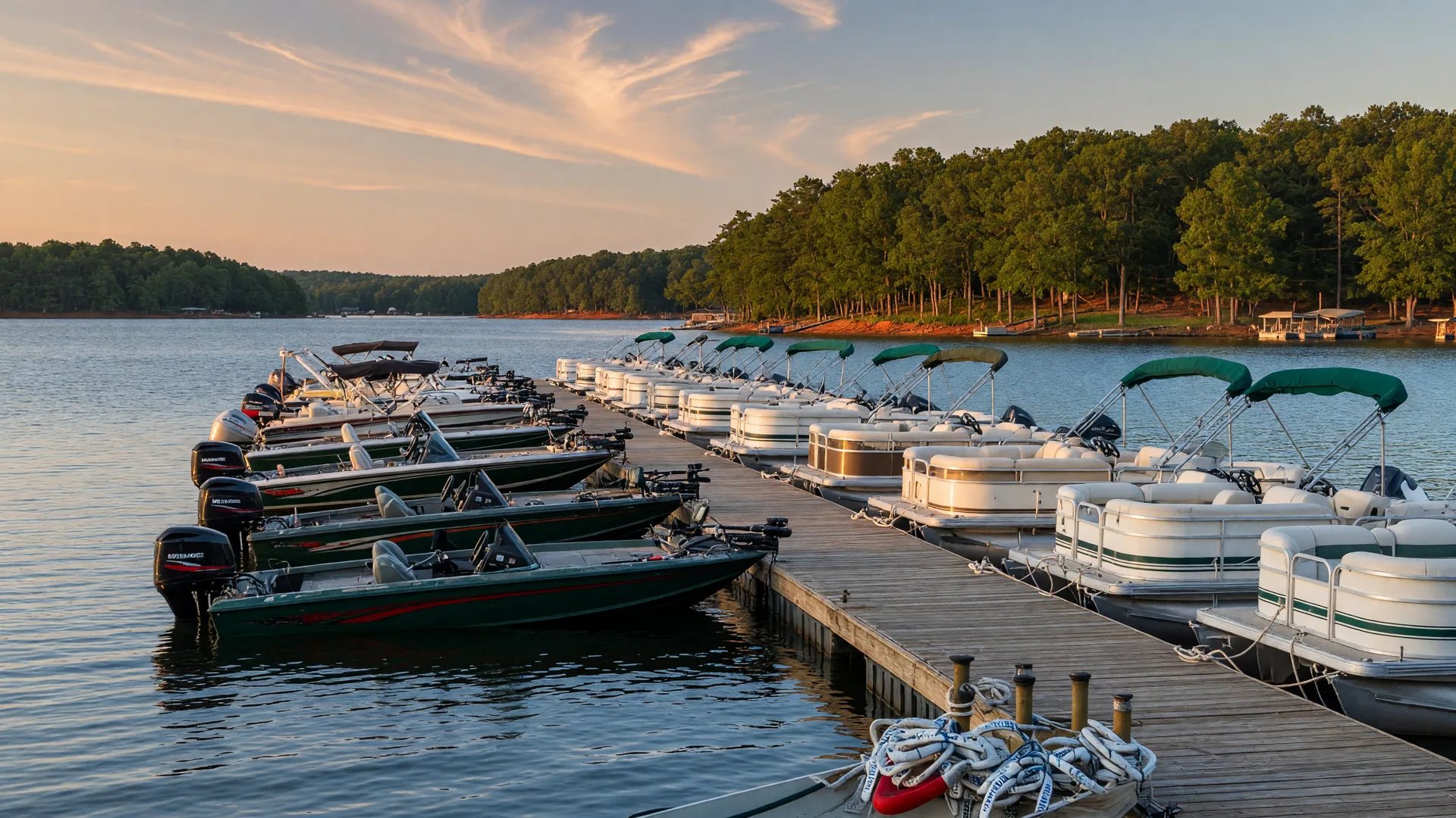 Dockside view of a Lake Norman marina with pontoon boats moored on calm water at golden hour