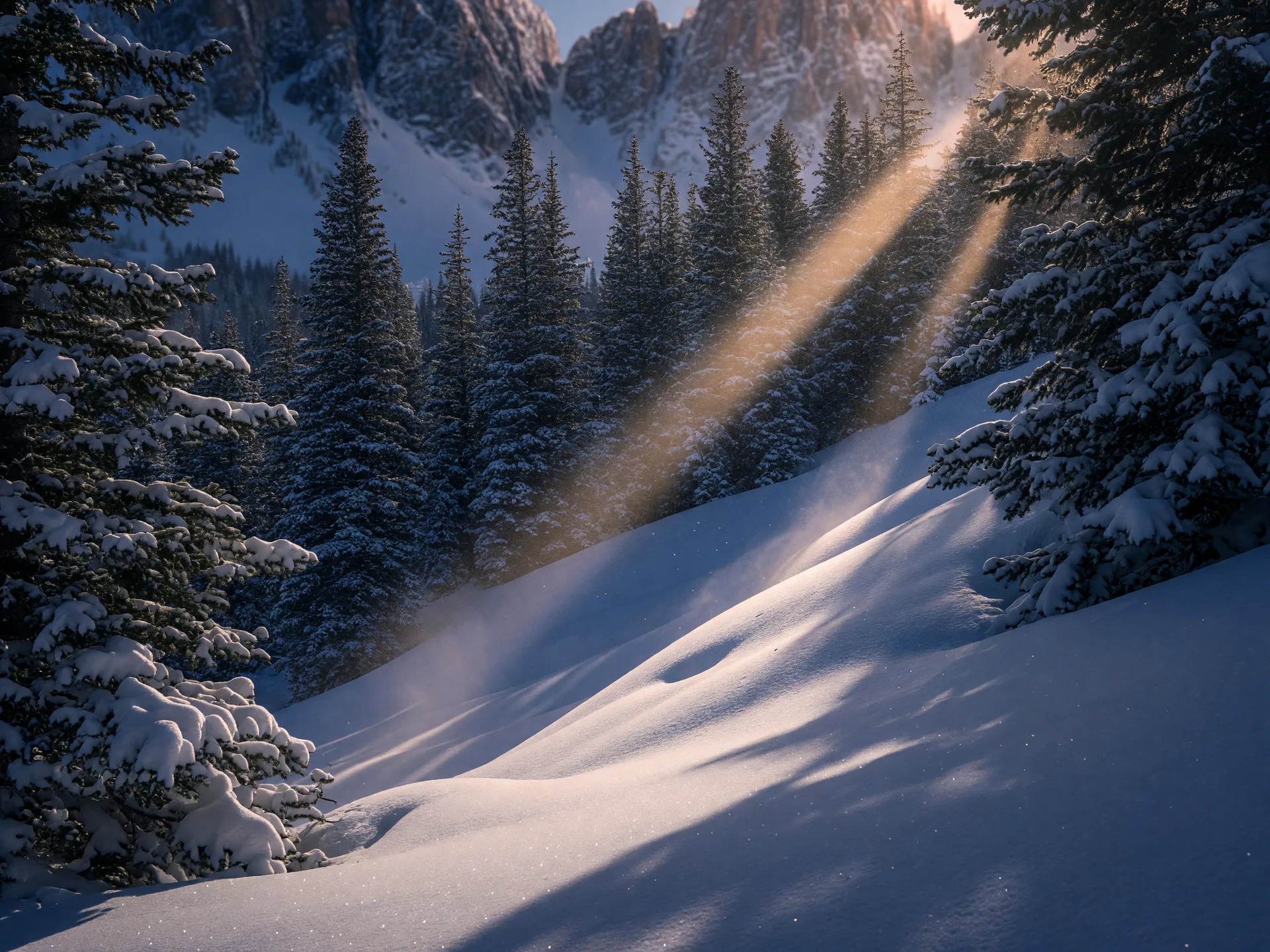 Steep untracked powder in mature spruce and fir trees with shafts of morning light breaking through the glades