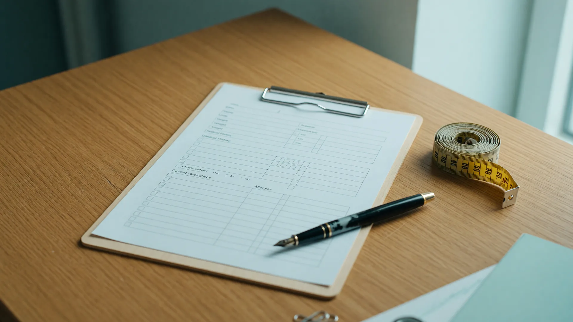 A clipboard with a health questionnaire, a fountain pen and a rolled measuring tape on an oak desk