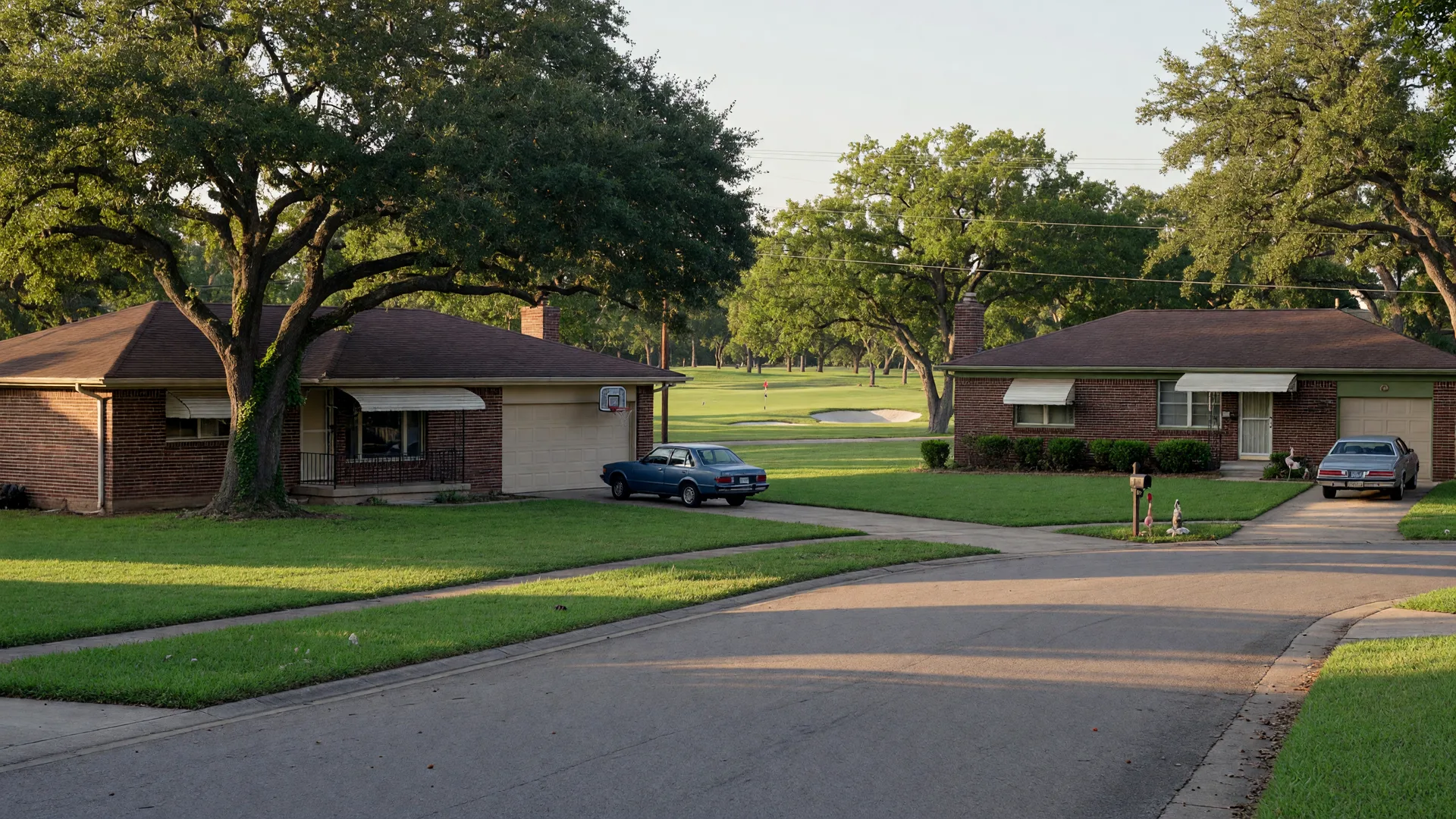A northeast San Antonio Woodlake street of 1970s and 1980s brick ranch homes with mature trees and wide yards near the golf course in soft late-afternoon light, in the San Antonio home inspection service area of Rodeo Home Inspections