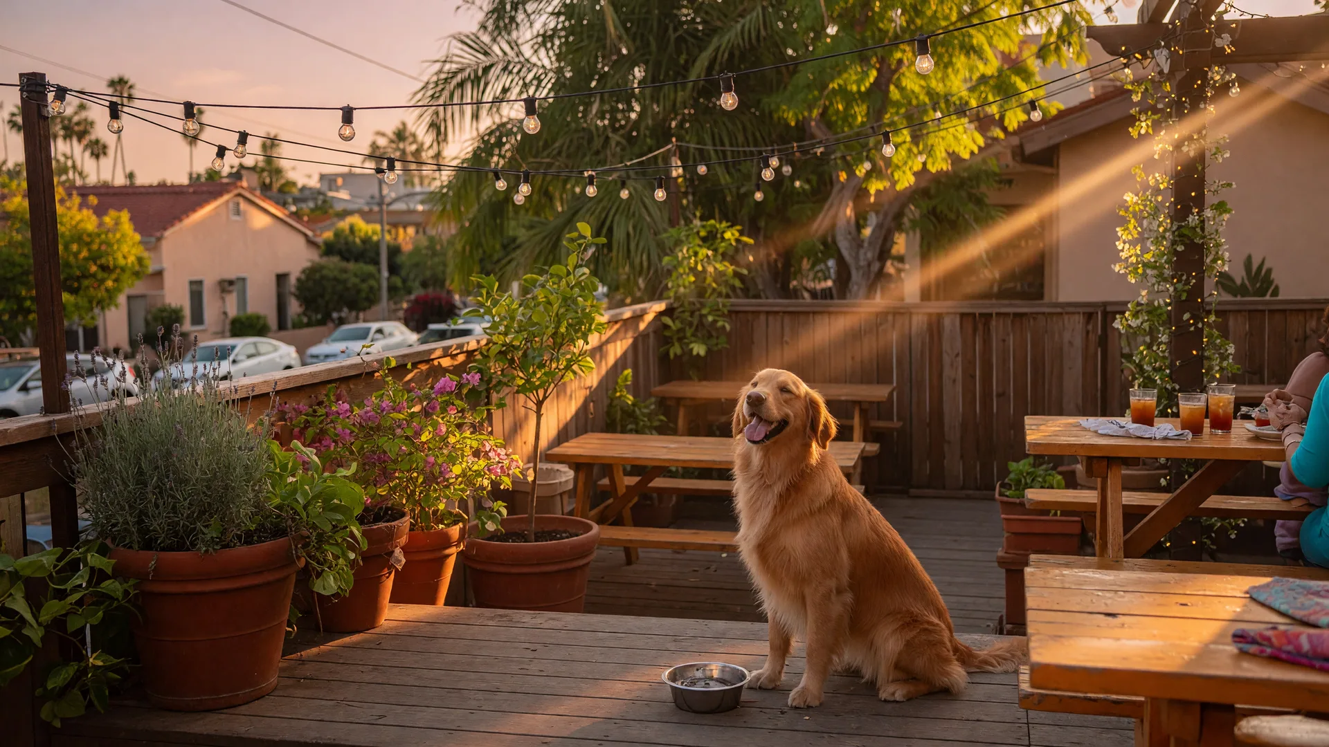 Golden retriever enjoying a sunny restaurant patio in Santa Clarita Valley
