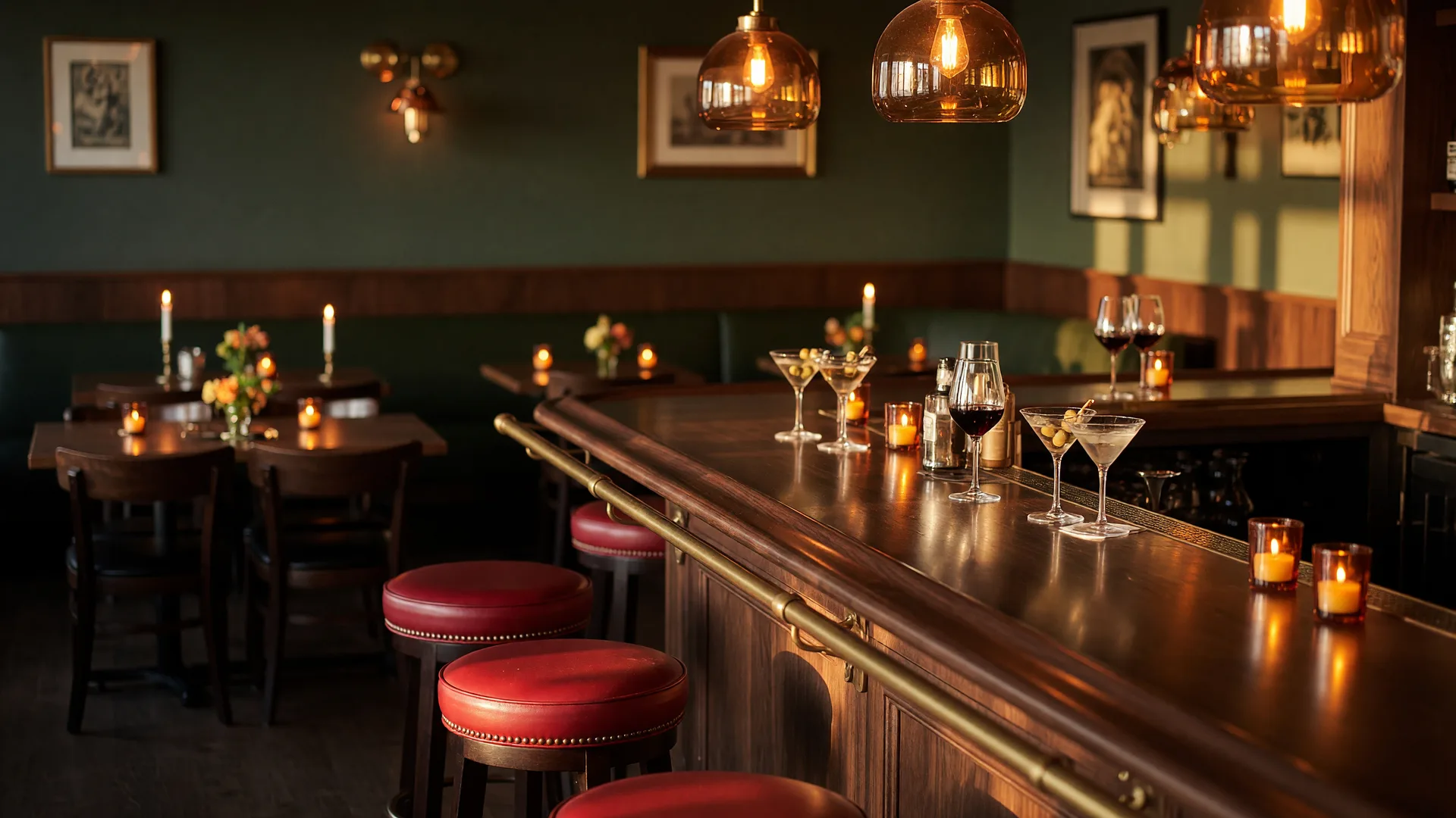 Warm candlelit steakhouse bar with glowing martini glasses, amber pendant lights, and red leather stools