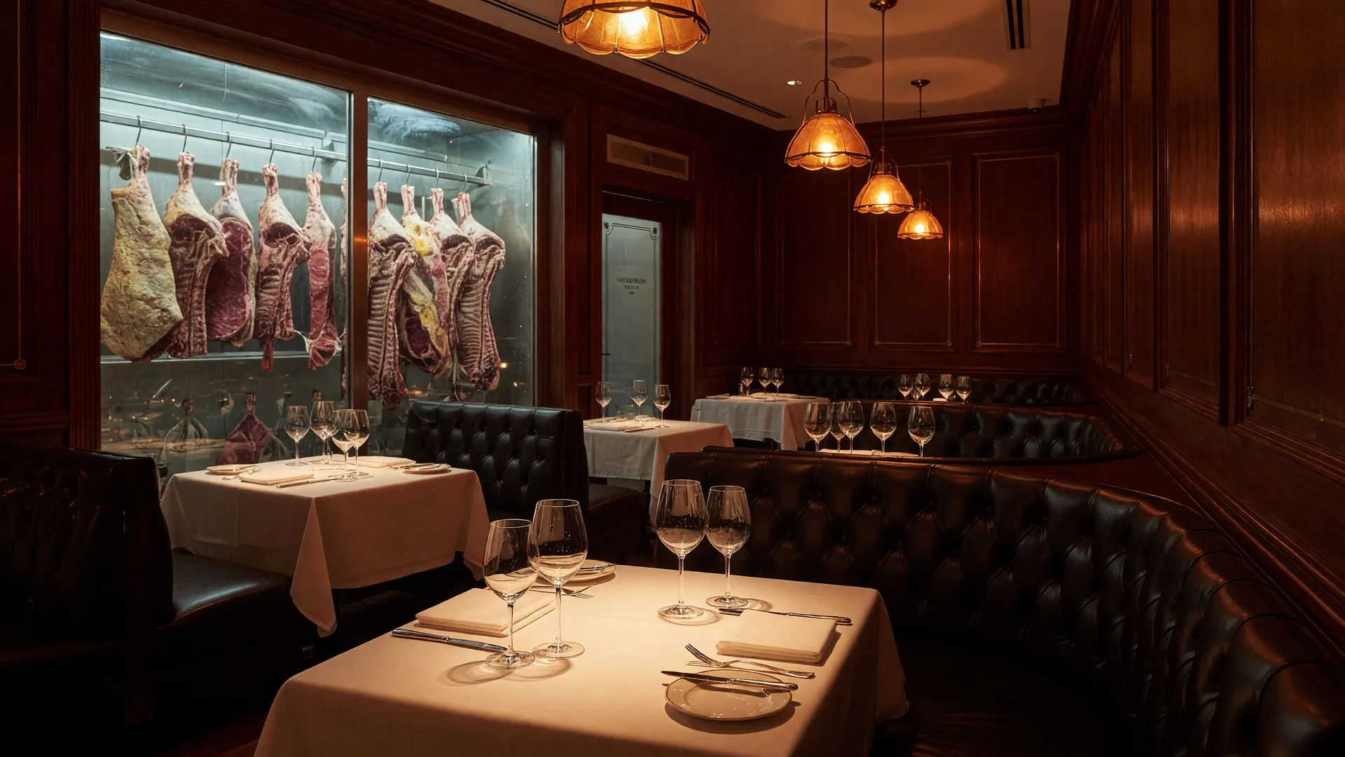 Classic steakhouse interior with leather booths