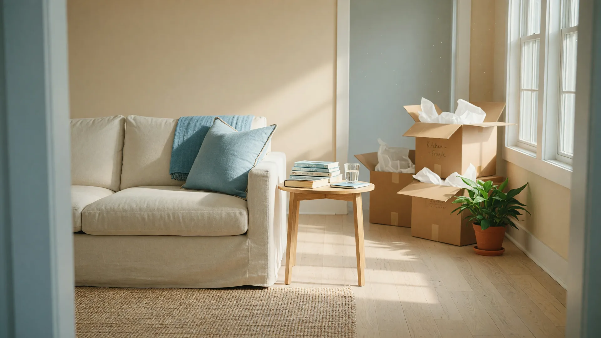 Bright single-level living room with neatly packed moving boxes, ready for a downsizing move
