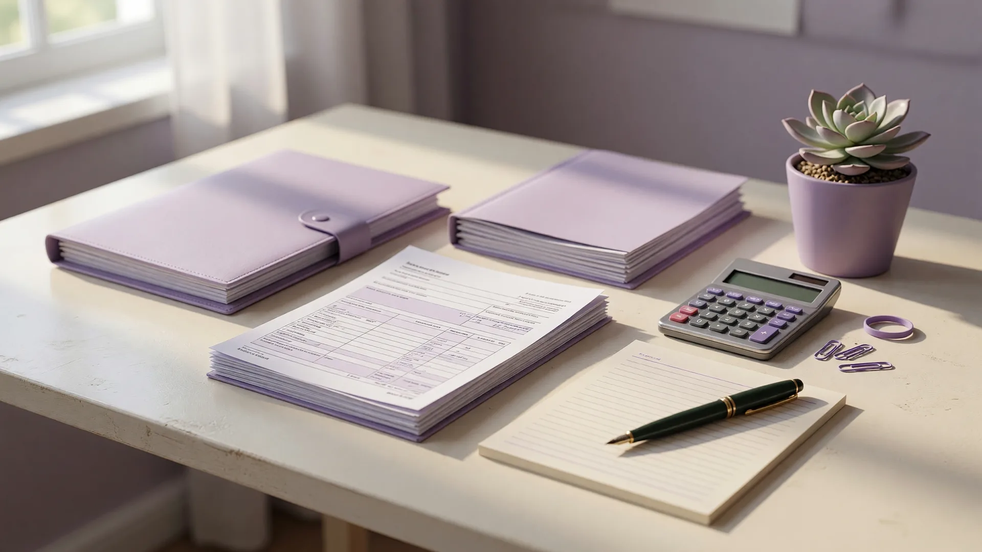 Tax documents and a calculator arranged on a desk