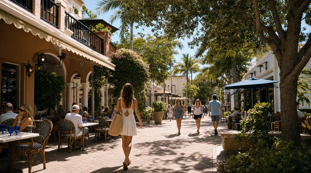 Walkable street in Delray Beach with outdoor cafes and pedestrians