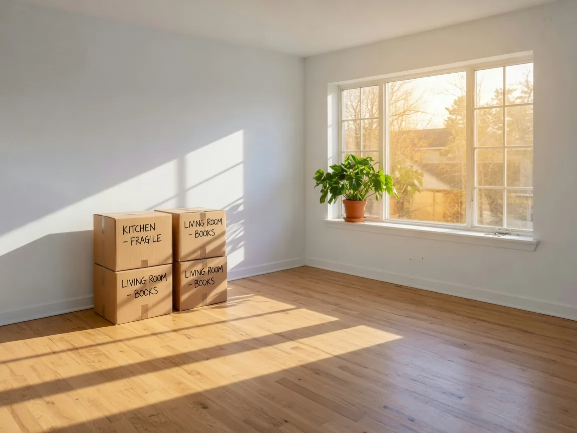 Bright new living room with moving boxes by the window