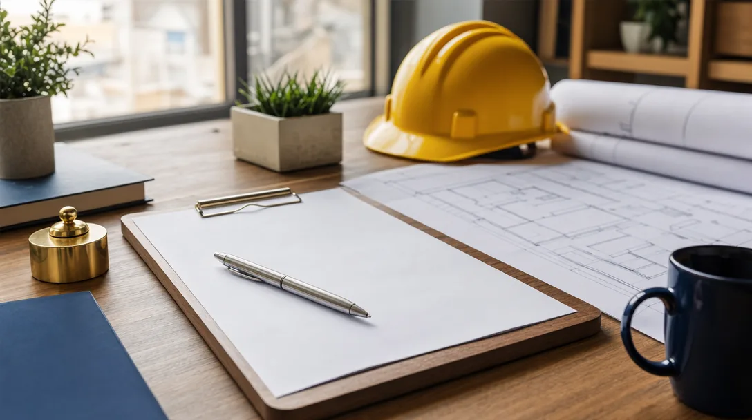 A clean contractor's workspace with a clipboard, contract, pen, hard hat, and blueprints on a wooden desk in soft natural light