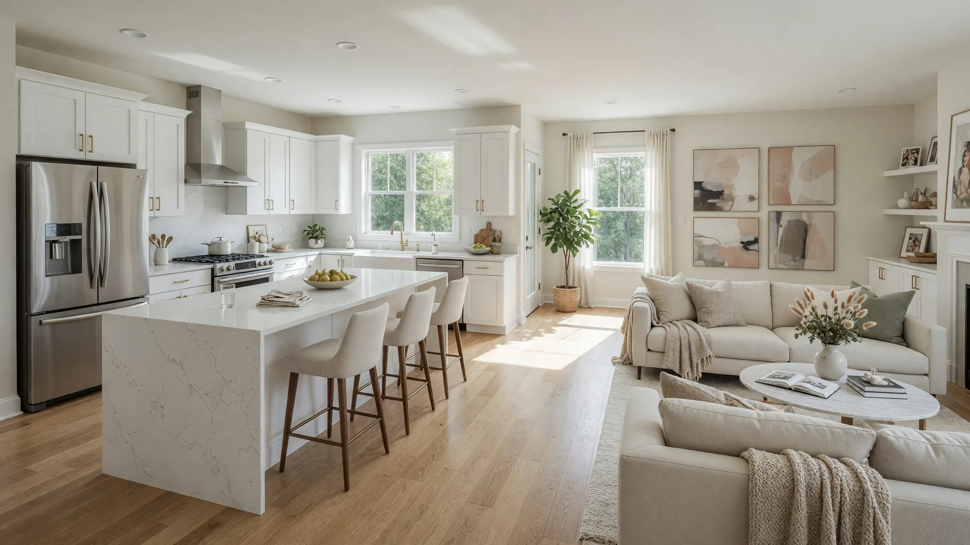 Bright model home interior featuring an open-concept living room with white quartz kitchen island, modern cabinetry, and natural light in a new construction Northern Virginia community