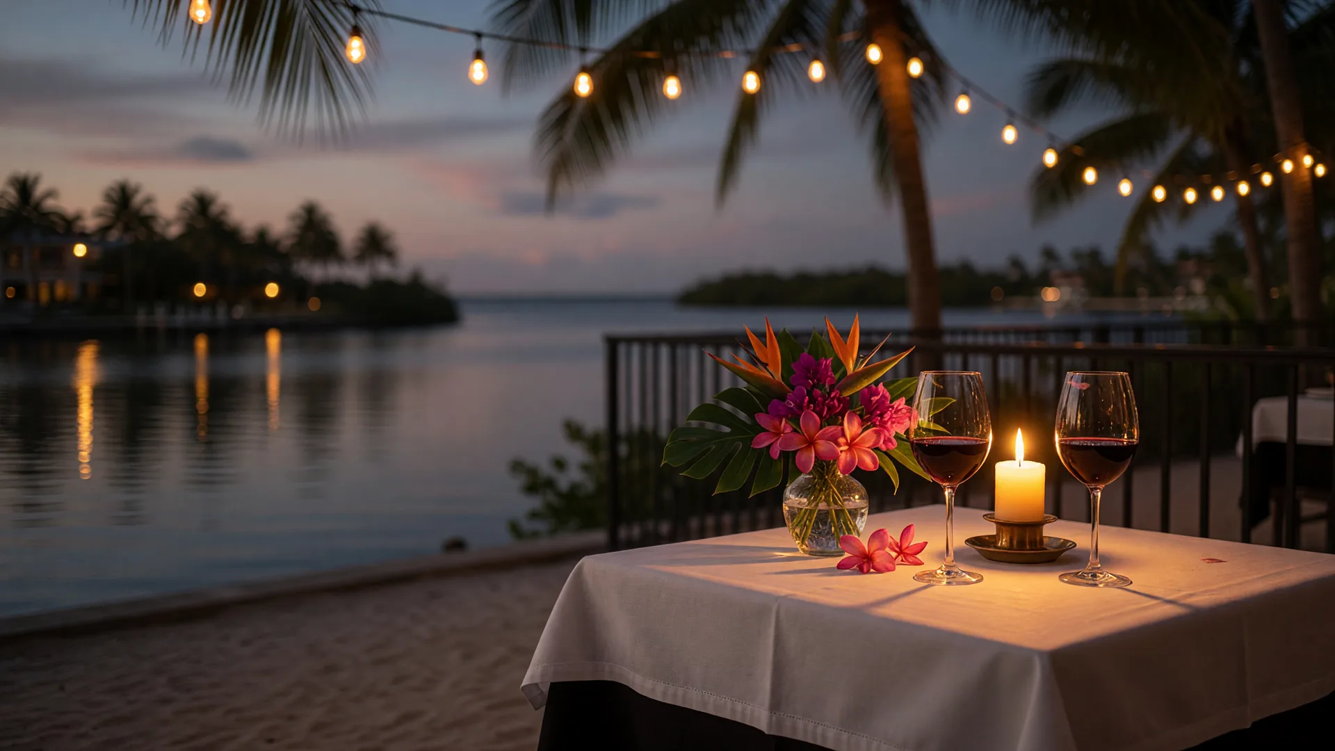 A candlelit table set for two on a Gulf Coast waterfront terrace at dusk, two glasses of wine catching warm golden light, string lights and palms blurred in the background, evoking the quiet hope of real connection