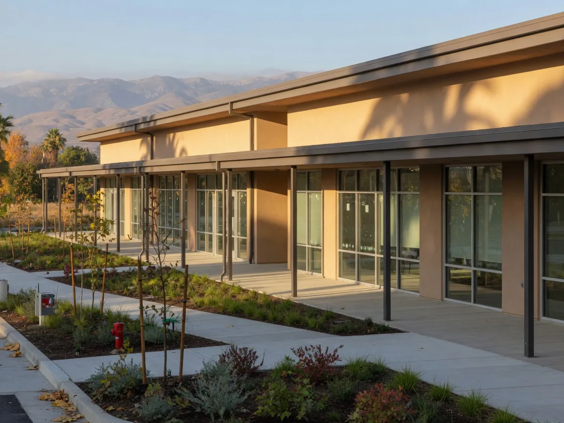 The exterior of the newly opened Merced College South Merced Center, a modern single-story building with warm stucco and glass, a covered walkway, fresh landscaping and young trees in golden late-October light
