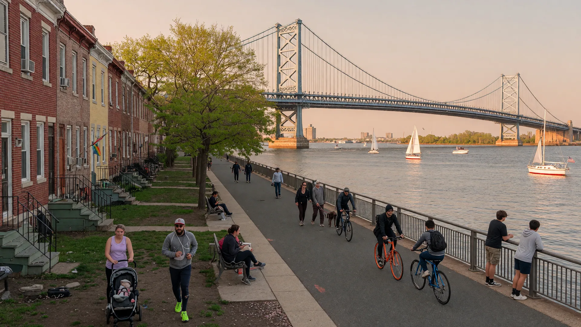 Fishtown daily life along the Delaware River Trail with walkers, joggers, and cyclists enjoying riverside recreation with the Benjamin Franklin Bridge in the distance
