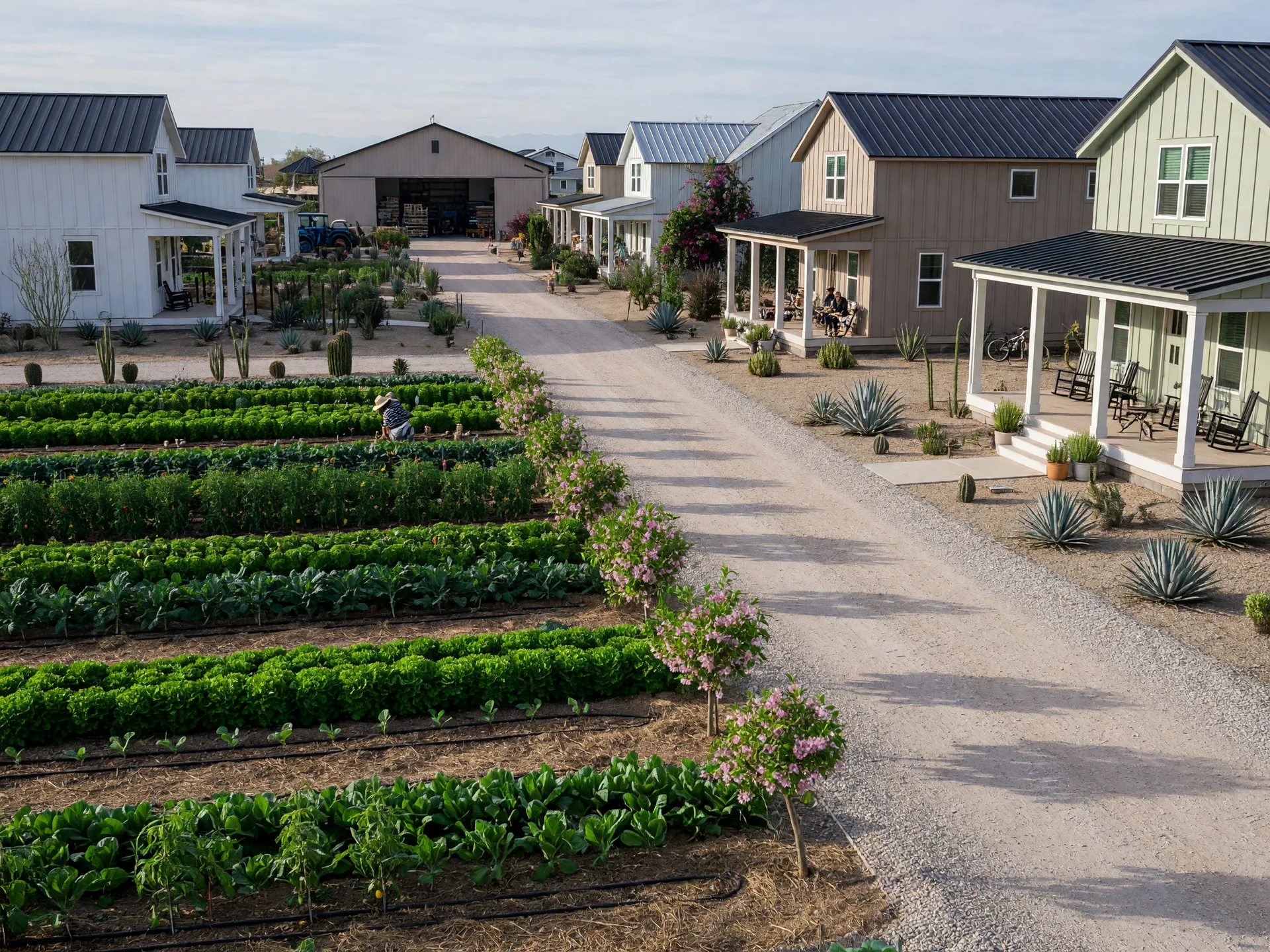 Agritopia community in Gilbert Arizona with a working urban farm beside modern farmhouse-style homes