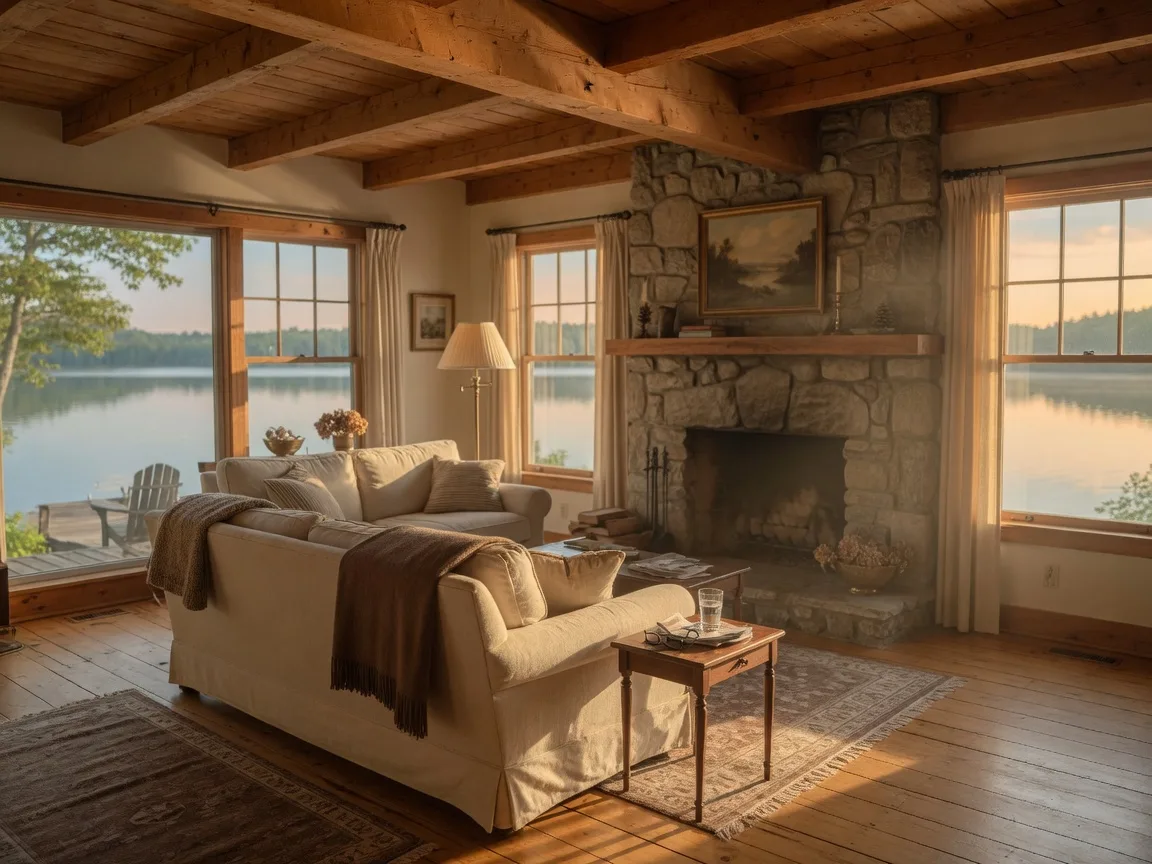A sunlit lake cottage great room with a cream sofa, wooden beams, and windows over the water