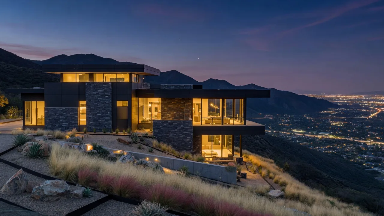 Modern luxury home on the Suncrest ridgeline above Draper, Utah at dusk