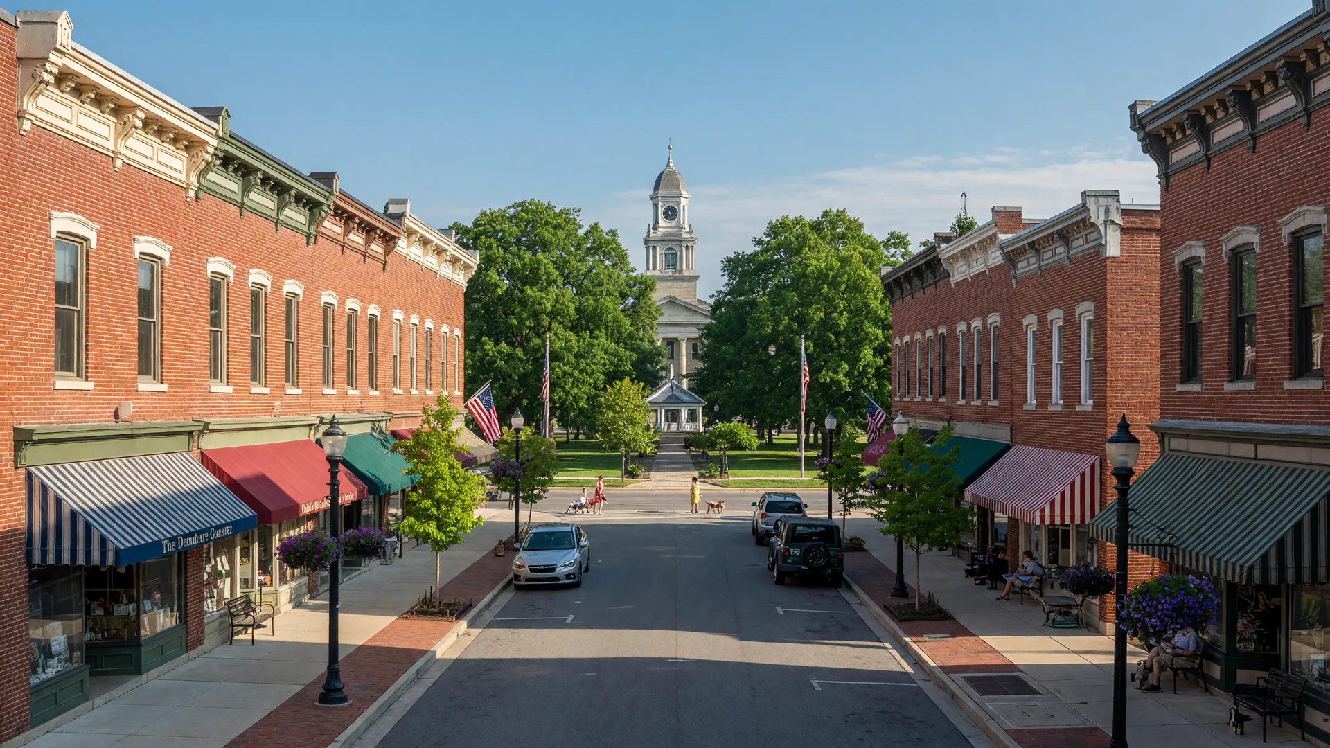 Restored brick storefronts and vintage street lamps along the historic Main Street of Delaware Ohio
