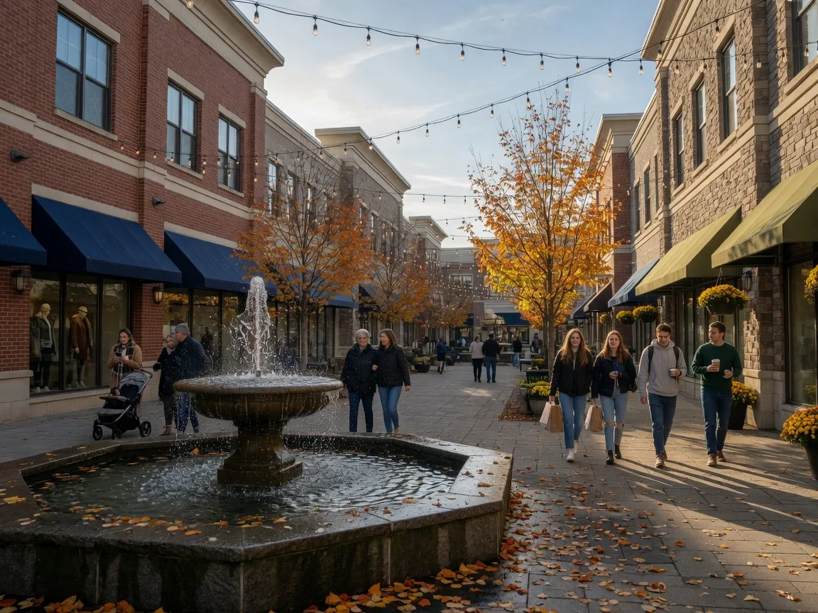 King of Prussia Town Center outdoor shopping district on a crisp autumn afternoon with warm string lights and gold leaves