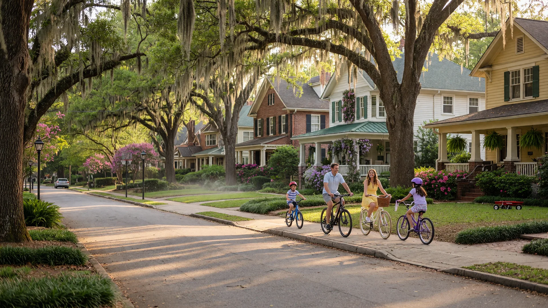 A quiet family-friendly suburban street in Metro Atlanta with mature oak trees, craftsman homes, and a family riding bicycles on a warm afternoon