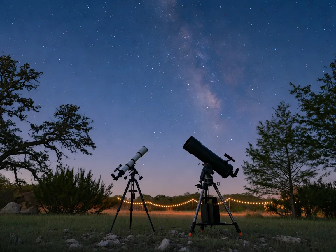 Night sky over a Hill Country meadow with telescopes silhouetted at the Wimberley Star Party