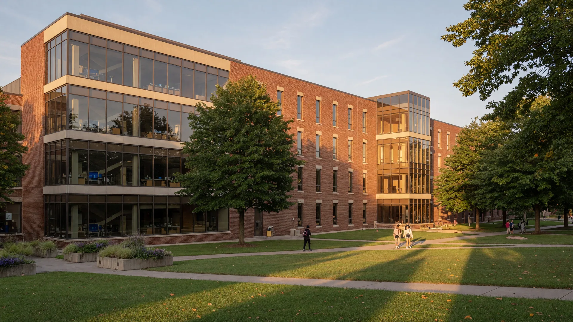Modern university campus building in Montclair New Jersey with landscaped quad on a late-summer morning