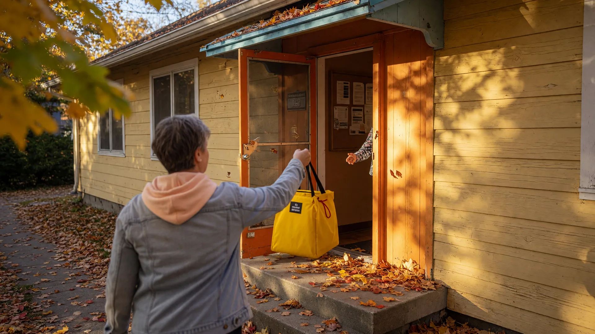 A volunteer handing a meal delivery bag at the sunlit doorway of a mid-century community hub on an autumn morning