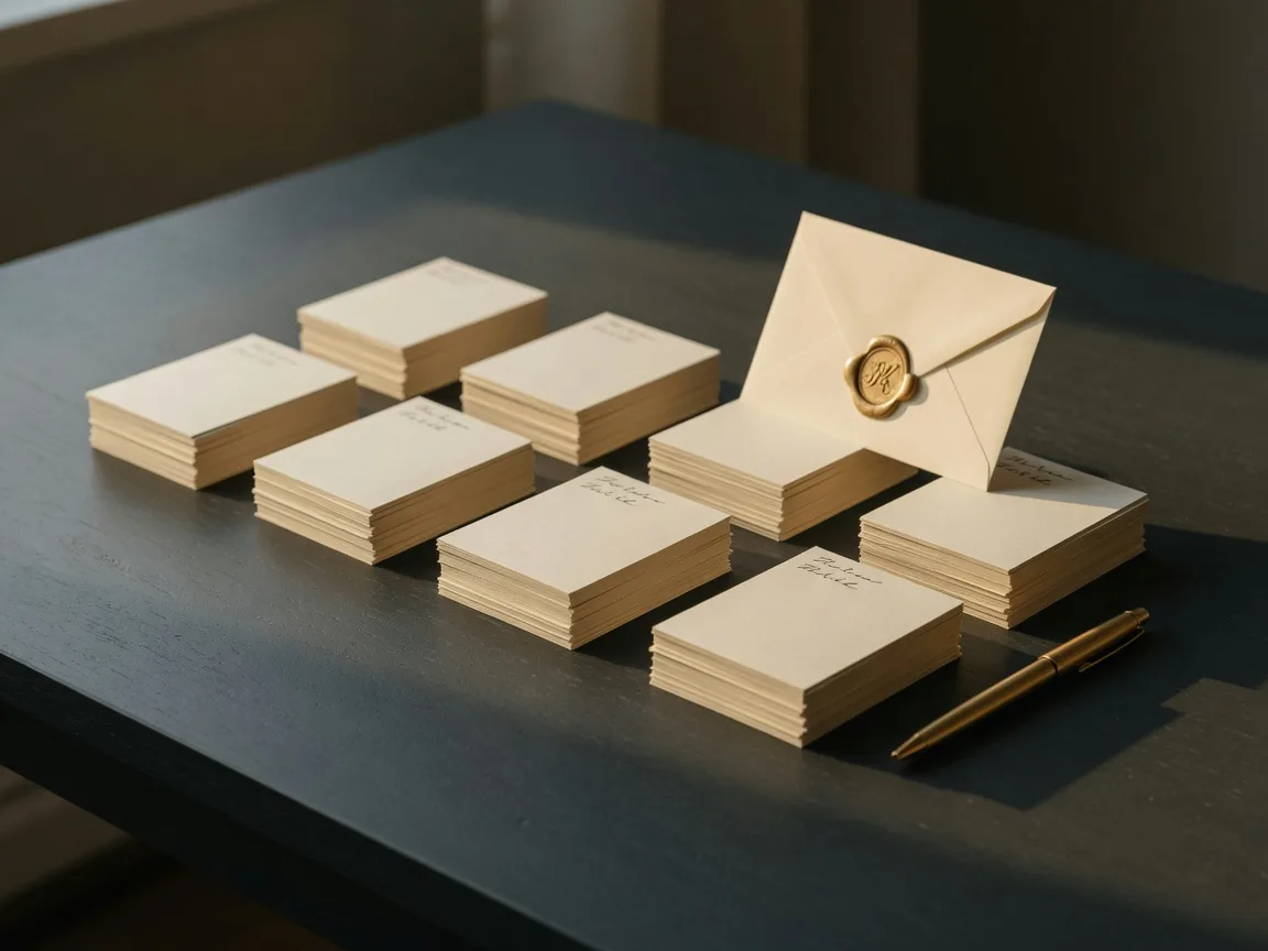 Neat rows of index cards and a gold-sealed note on a charcoal desk, the invisible structure clients feel
