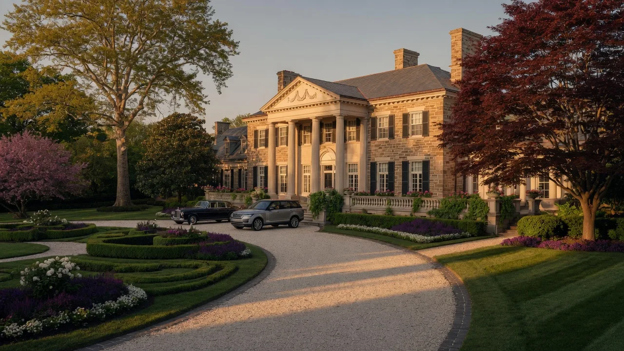 Stunning luxury estate home in Philadelphia Main Line with stone architecture and columns at golden hour