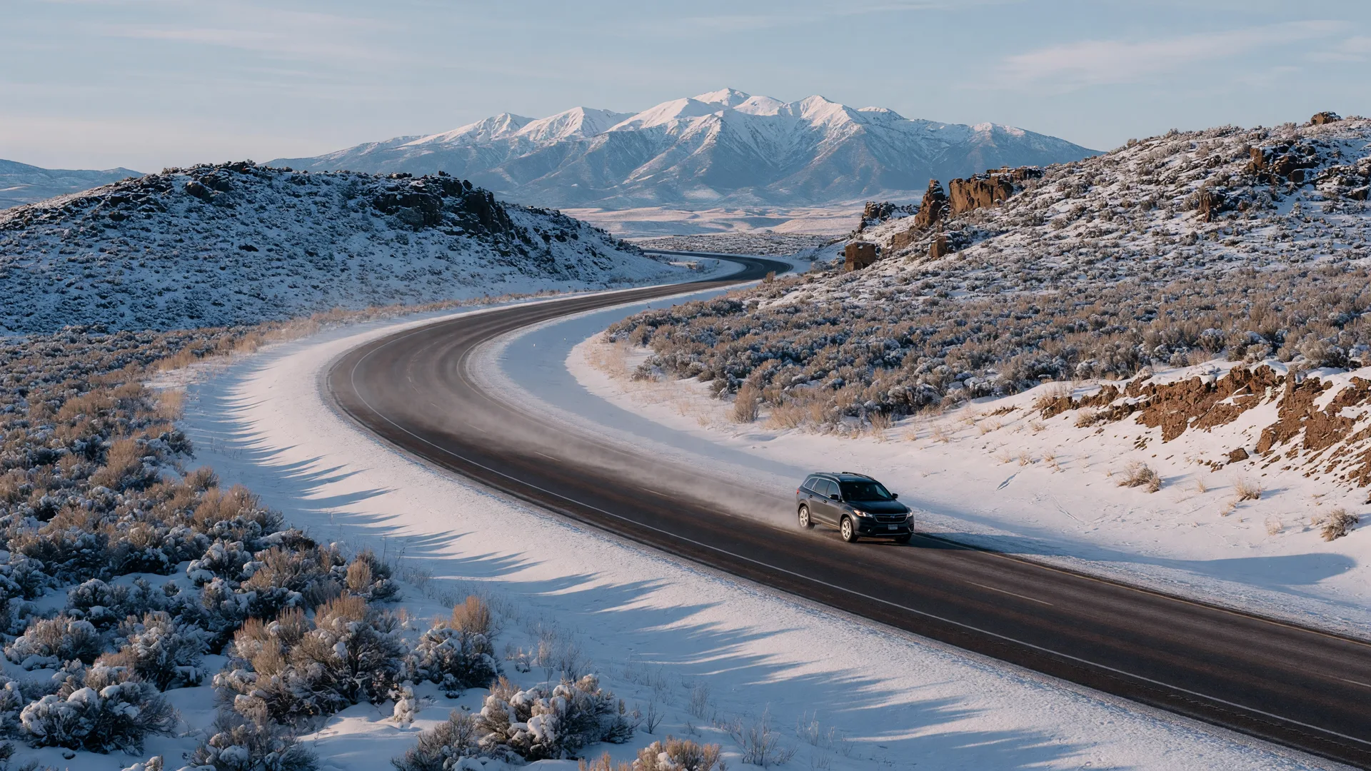 Illustrative image of an SUV driving on a snowy Idaho highway through sagebrush-covered foothills