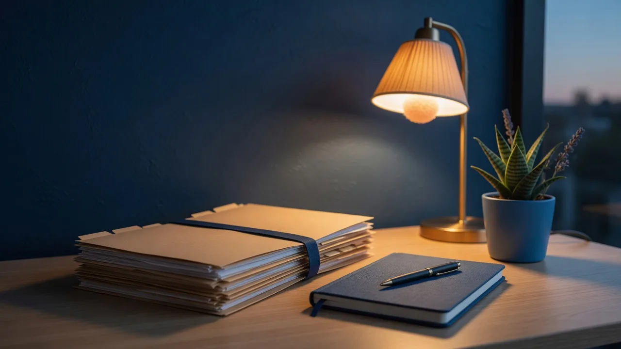 A document folder, notebook, and warm lamp on an organized home office desk at dusk
