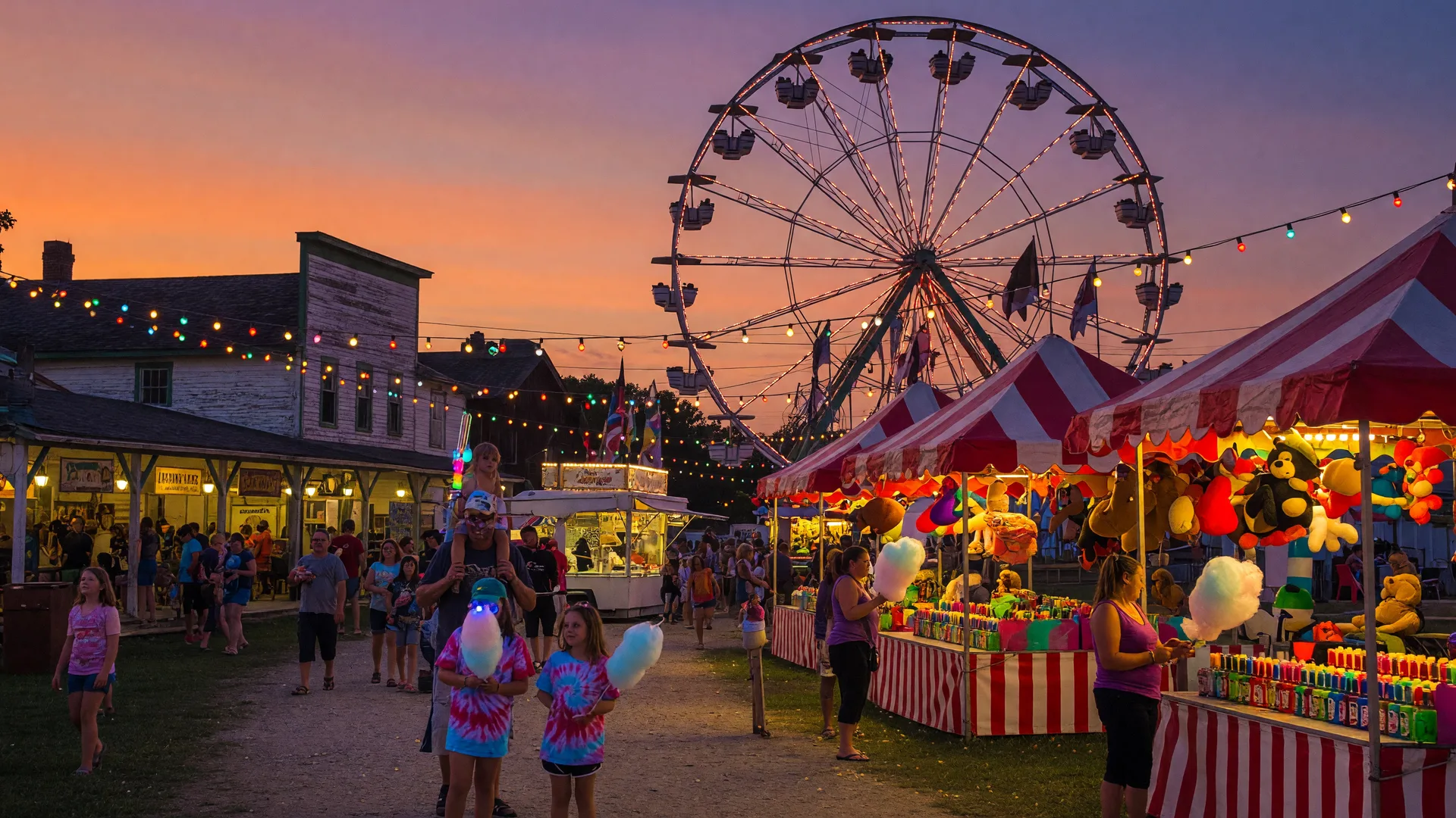 Lake County Fair in Crown Point at twilight with a colorful carnival midway, glowing ferris wheel silhouetted against an orange and purple summer sky