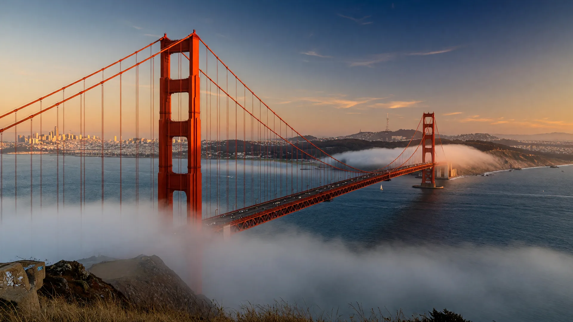 Golden Gate Bridge in San Francisco at golden hour