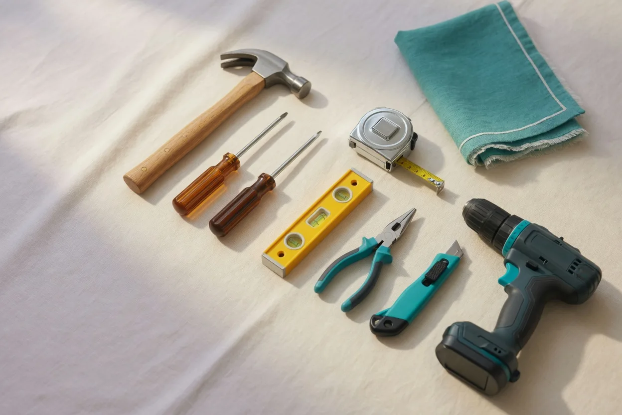 First-time homeowner tool kit essentials, styled as a premium editorial product still life