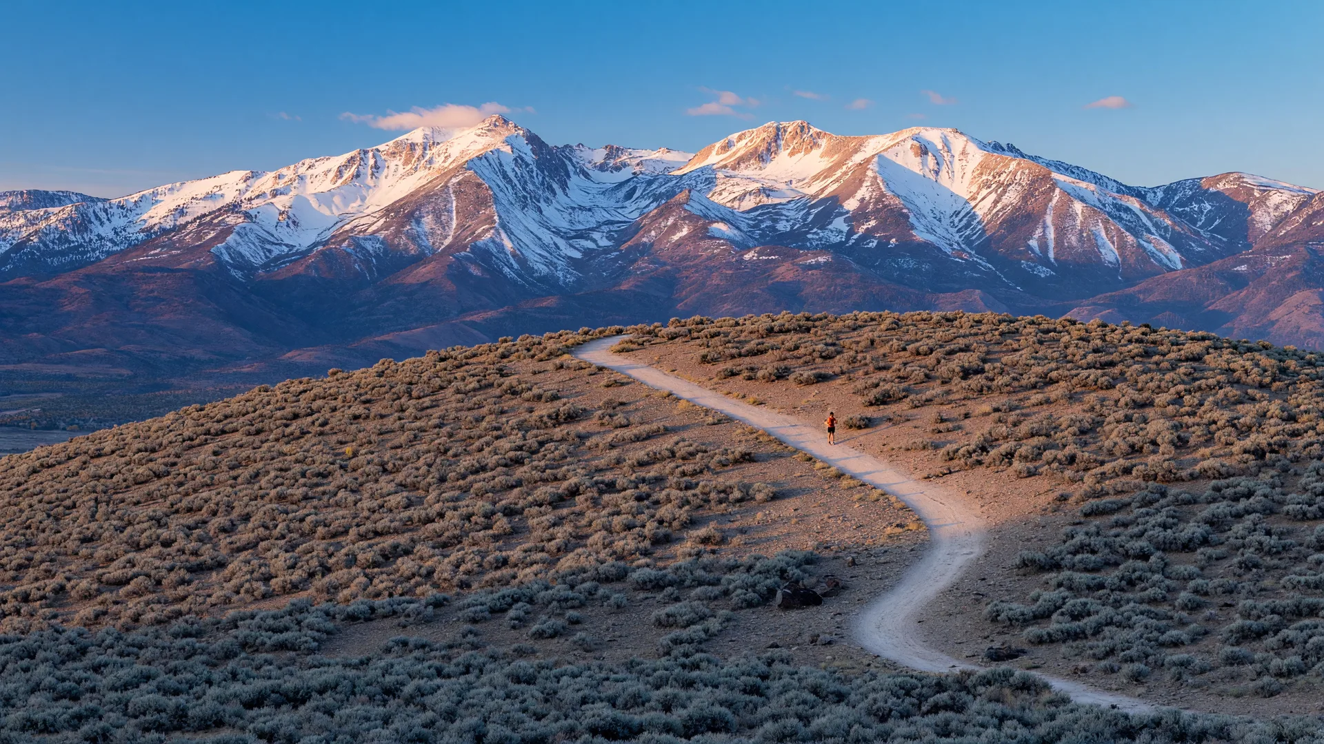 A sagebrush-covered Carson City hillside trail under a clear blue sky with the snow-dusted Sierra Nevada rising behind it.