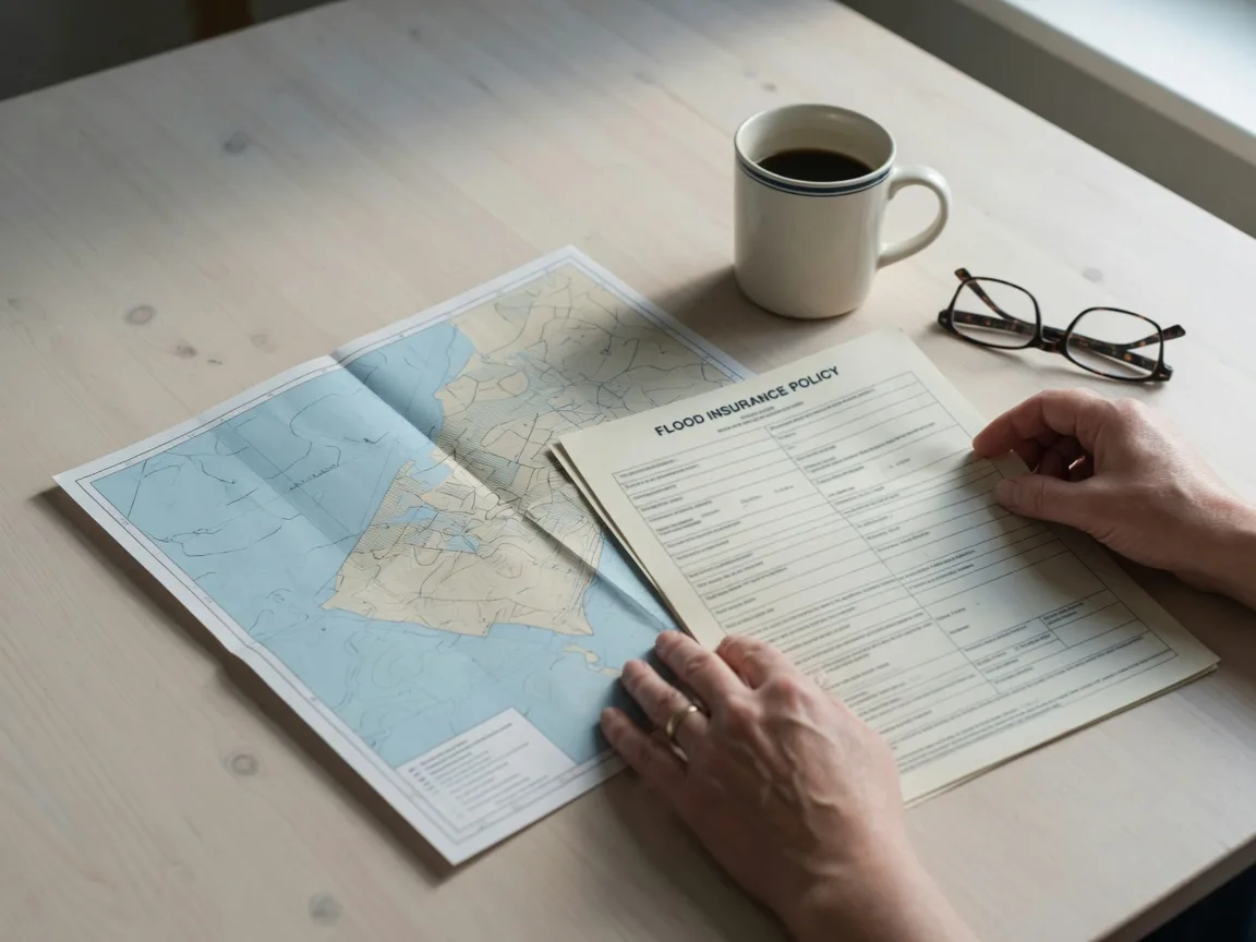 Hands reviewing a flood insurance document and flood zone map on a kitchen table with a coffee mug