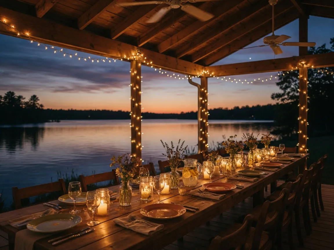 Lakeside pavilion at dusk with string lights, a wooden table set for a gathering, overlooking calm lake waters