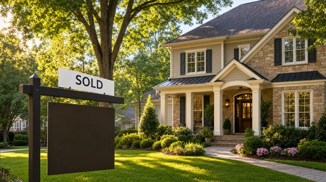 Sold sign in front of an elegant Northeast Metro Atlanta home with mature trees and landscaping