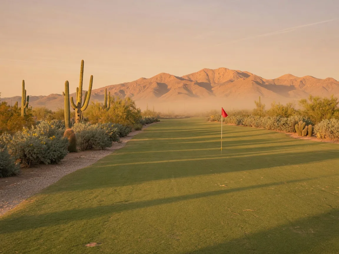 A dessert golf fairway lined with saguaro at golden hour with the White Tank Mountains behind