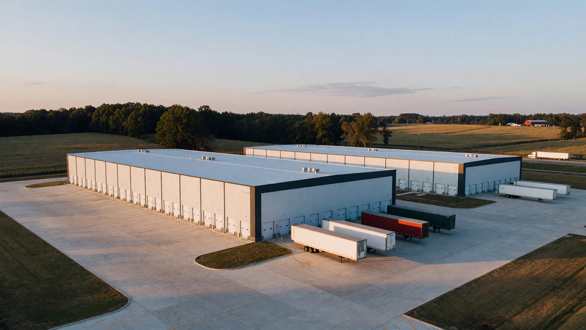 Two new white-paneled logistics warehouses flanked by loading docks and freight trailers outside Jefferson, Georgia at golden hour