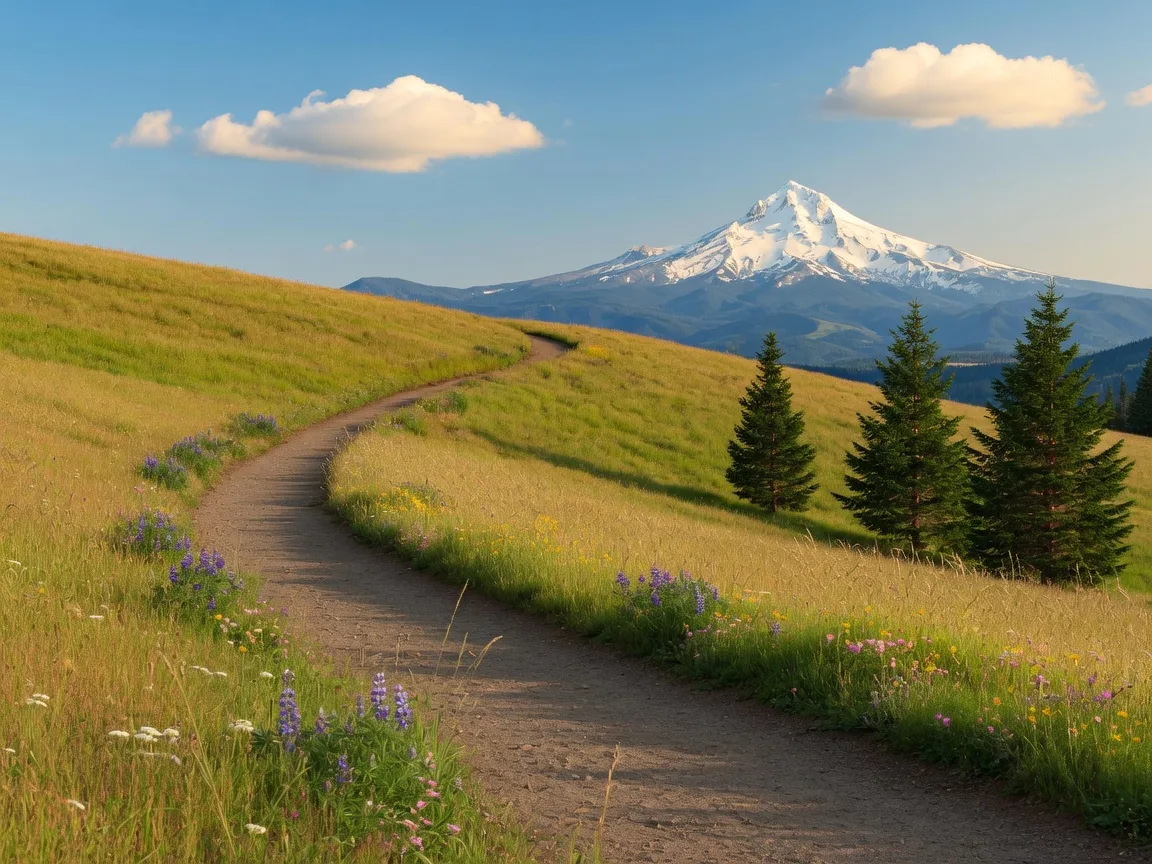 Meadow trails winding through Powell Butte Nature Park with wide views of snow-capped Mount Hood
