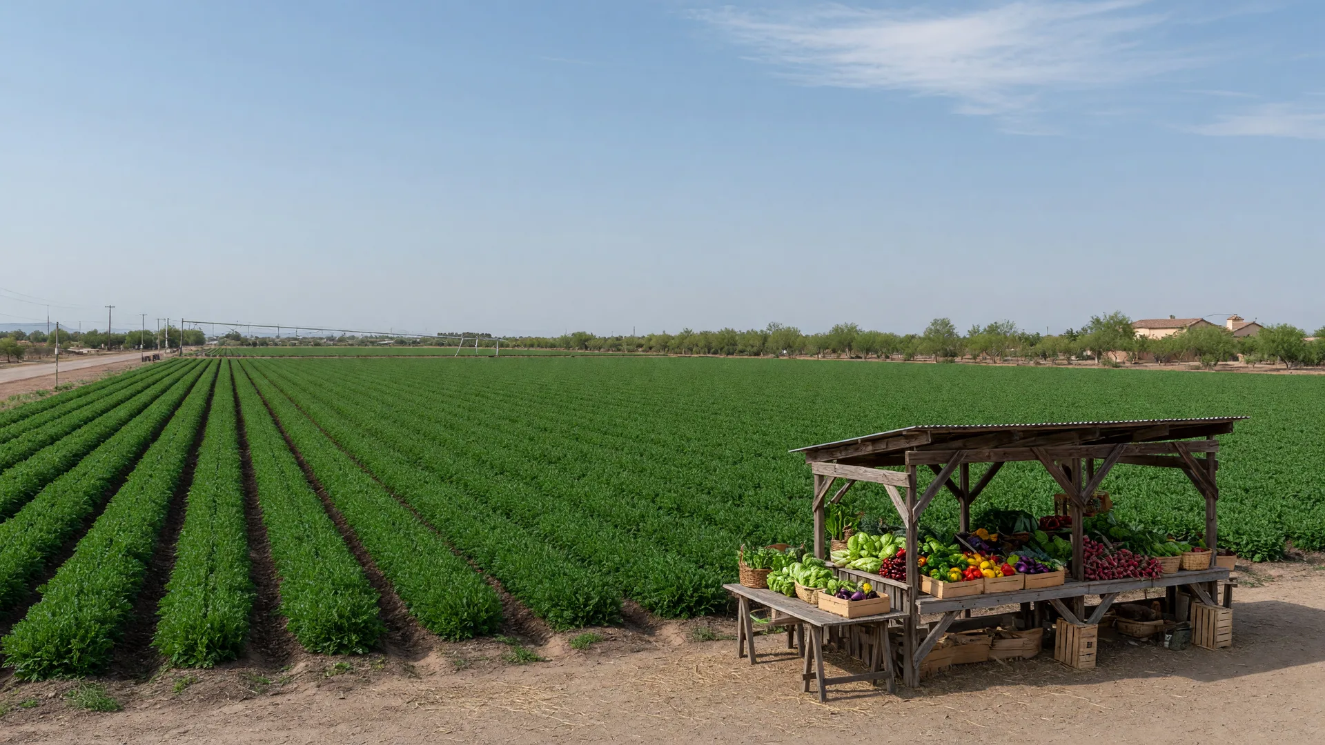 Lush urban farm with vegetable rows and a restored farmhouse in Agritopia, Gilbert at golden hour