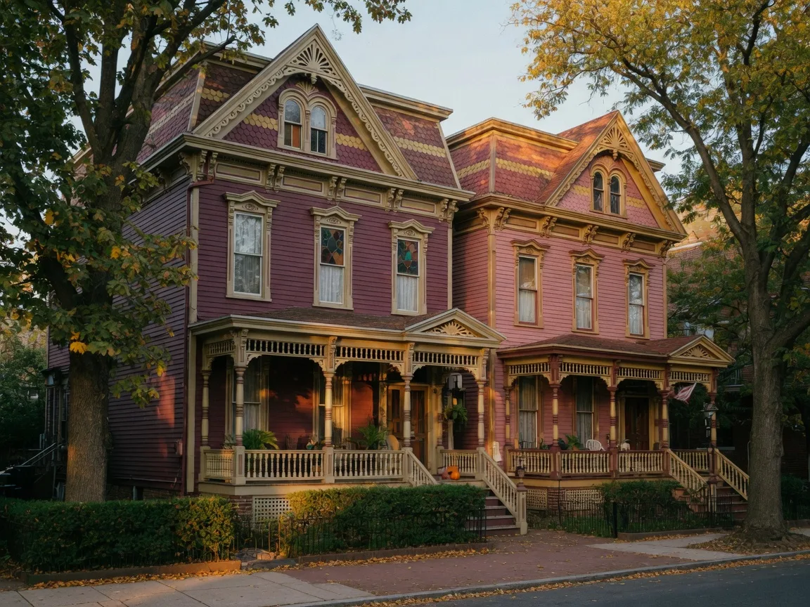 Grand Victorian twin homes with ornate porches in Germantown