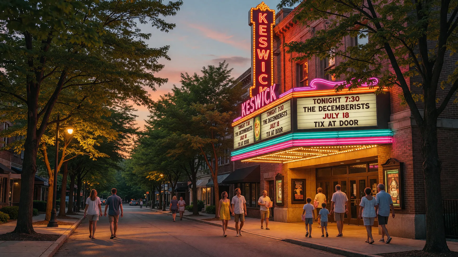 The historic Keswick Theatre in Glenside Pennsylvania on a summer evening with its glowing marquee and families approaching the entrance